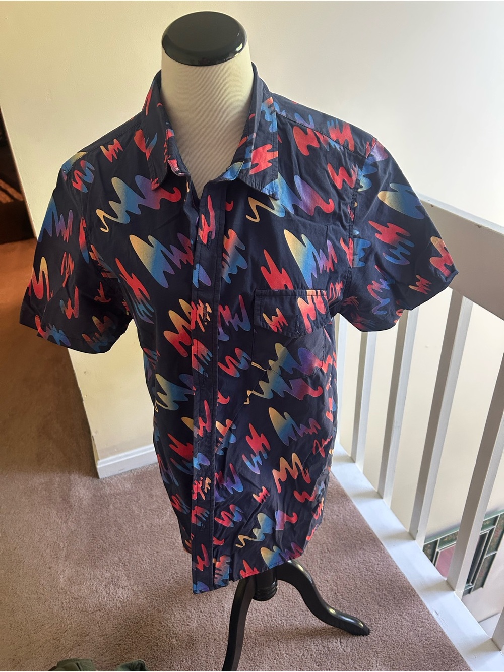 Navy Short-Sleeve Button-Down Shirt with Multicolor Abstract Print